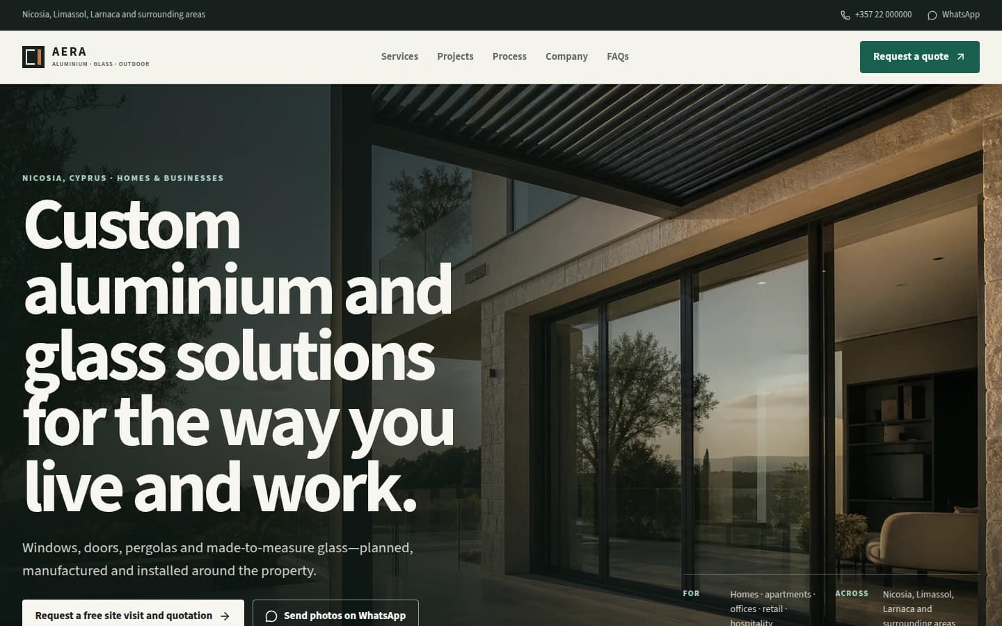 AERA Aluminium and Glass homepage with custom aluminium and glass services beside a modern home.