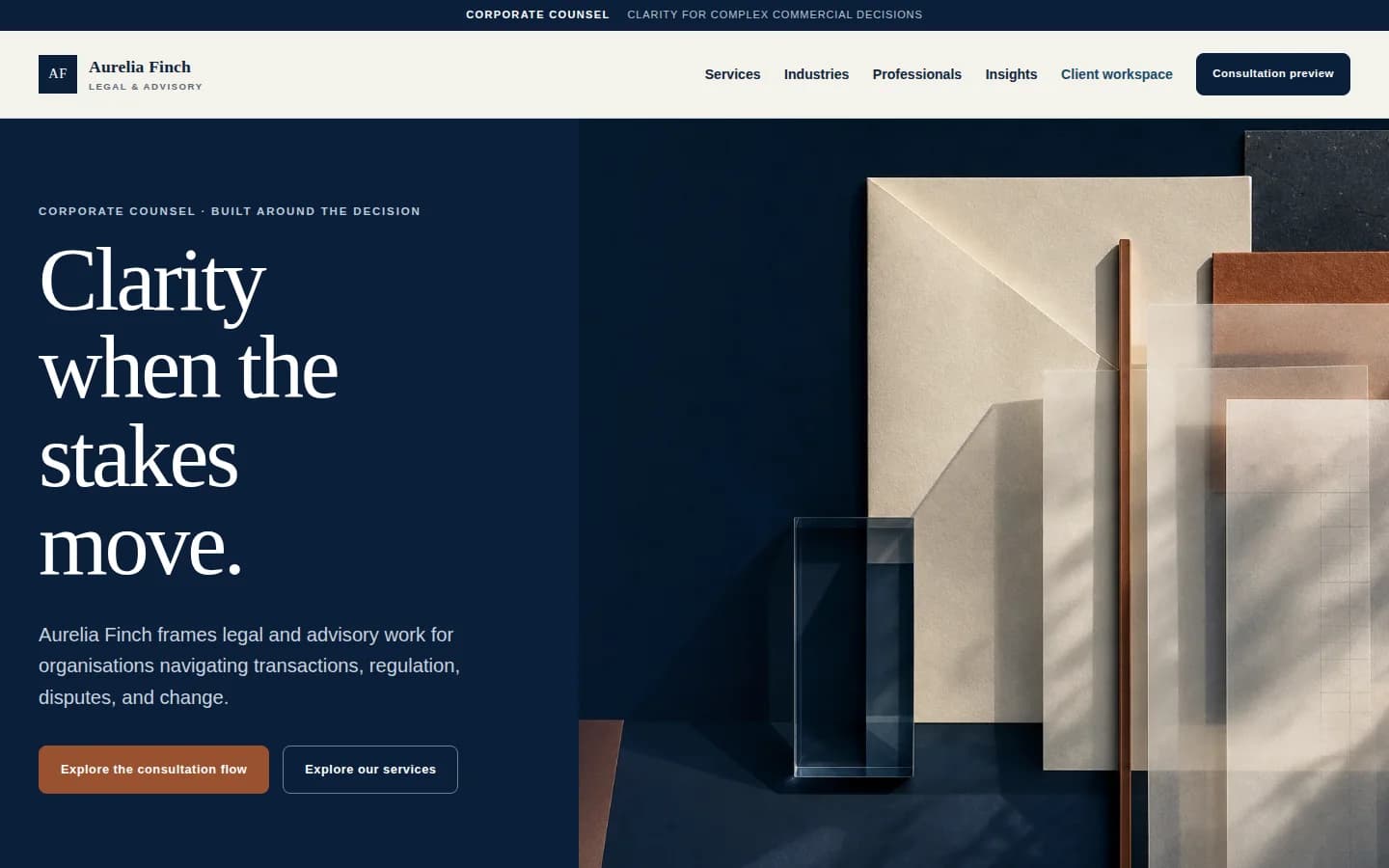 Aurelia Finch legal and advisory homepage with its clarity-led message and architectural hero artwork.