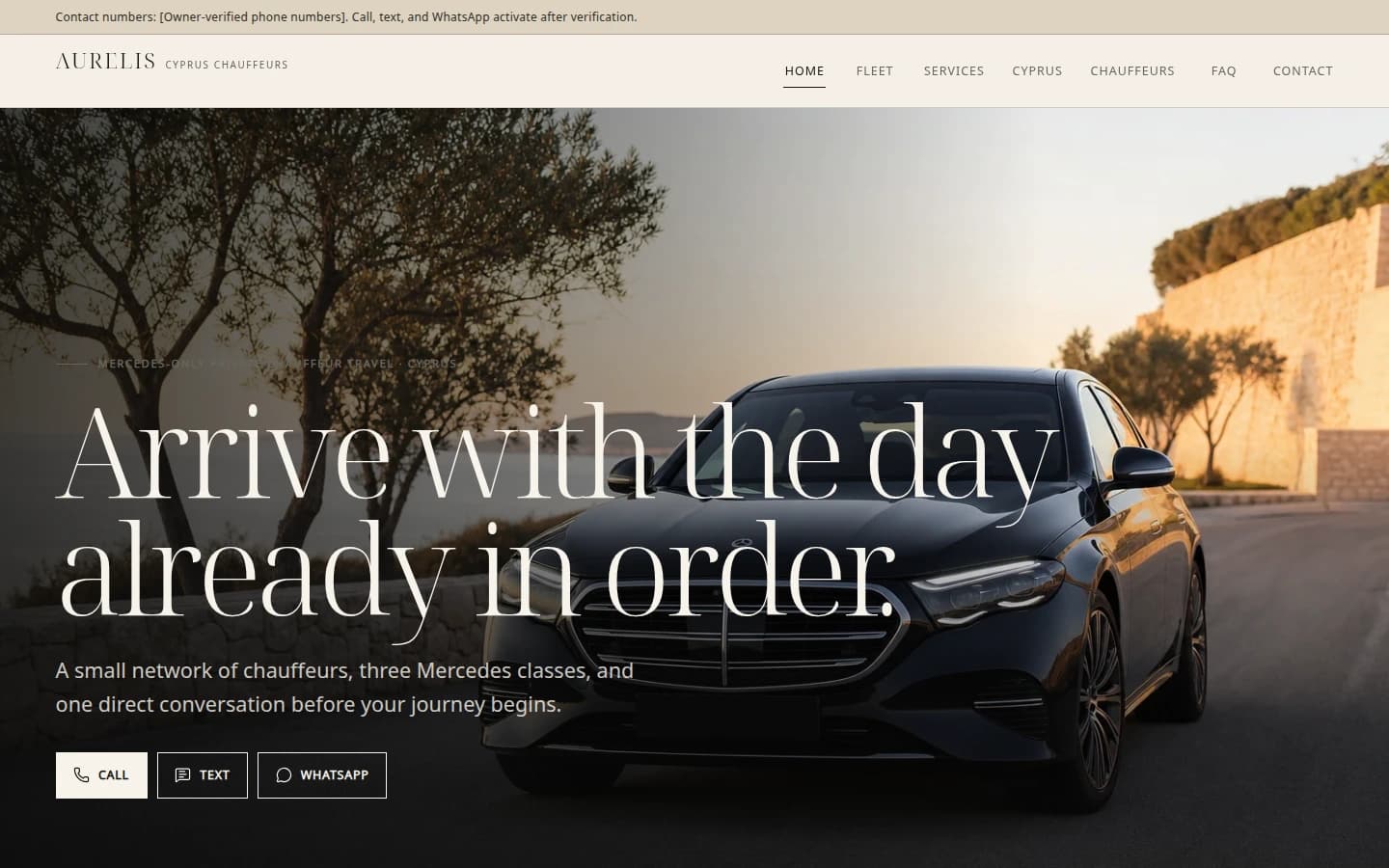 Aurelis Cyprus Chauffeurs homepage showing a premium Mercedes chauffeur vehicle.