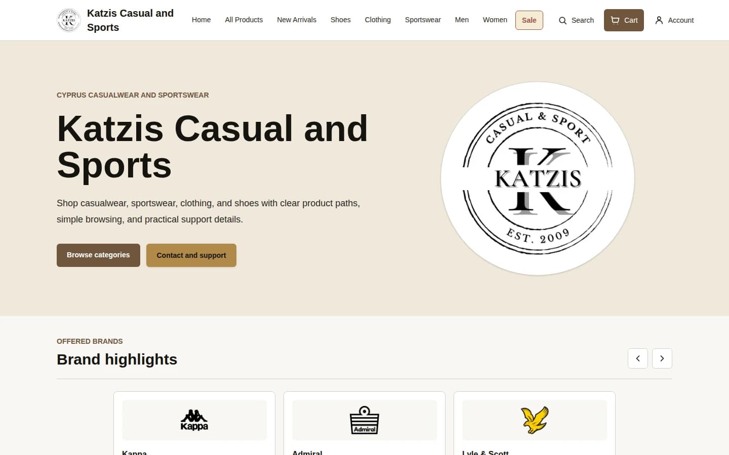 Katzis Casual and Sports homepage showing its storefront navigation, brand mark, and casualwear and sportswear categories.