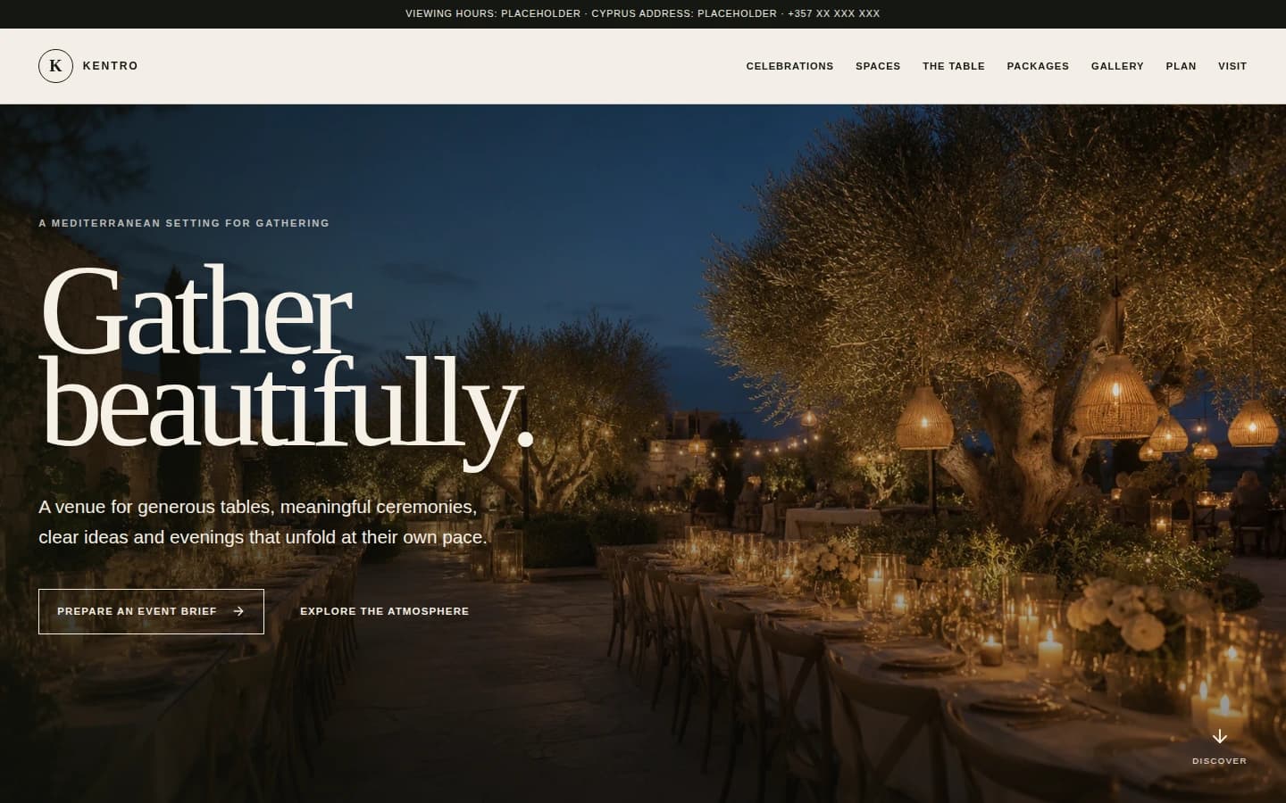 Kentro event venue homepage showing an evening Mediterranean celebration setting.