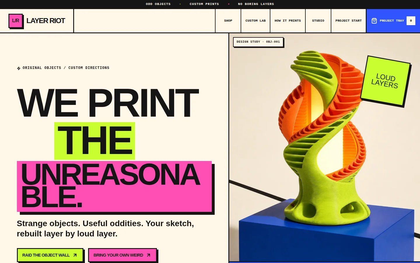 LAYER RIOT 3D-print shop homepage with a vivid sculptural printed object and bold studio branding.