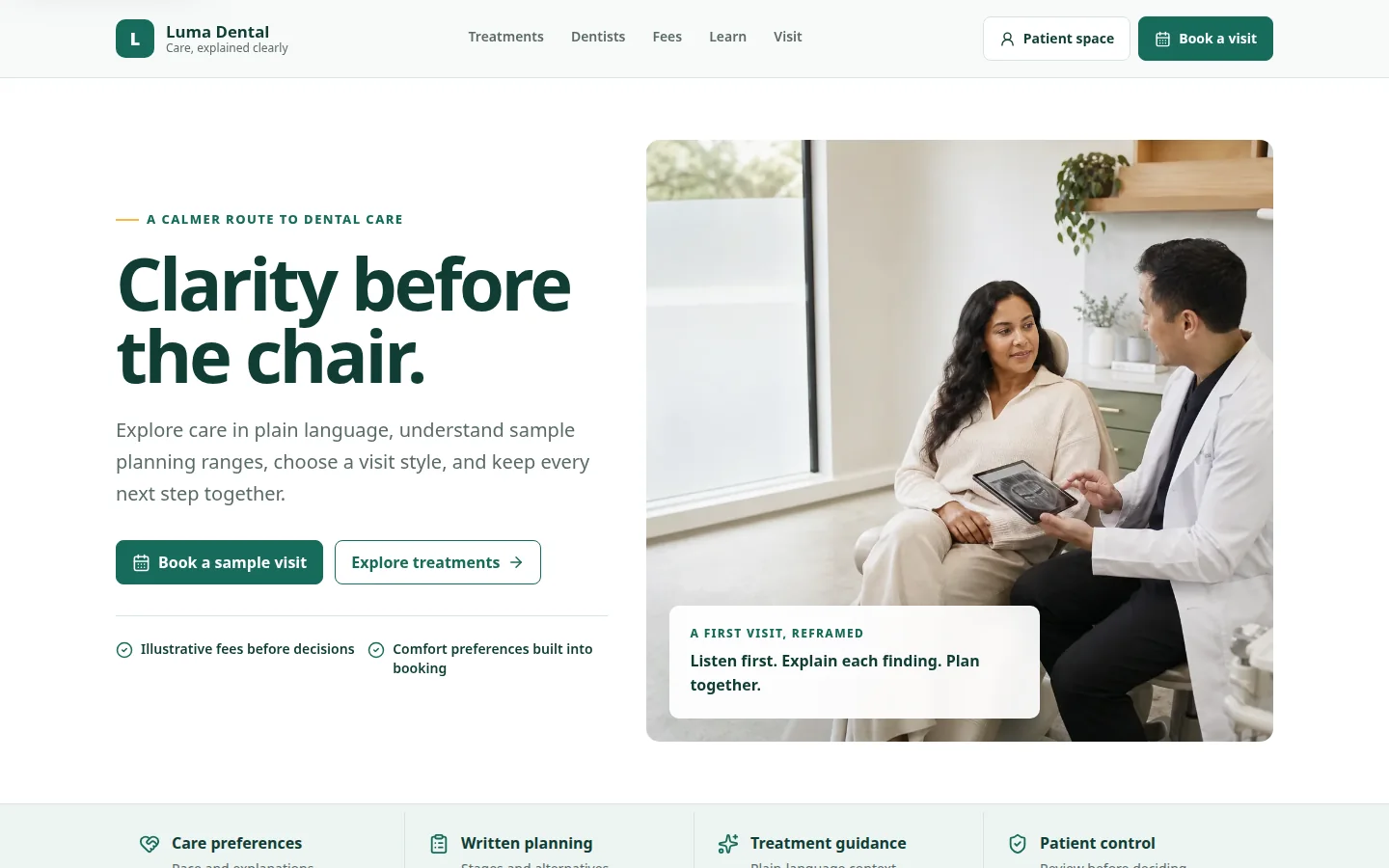 Luma Dental homepage explaining its calm approach to treatment planning beside a dentist and patient.