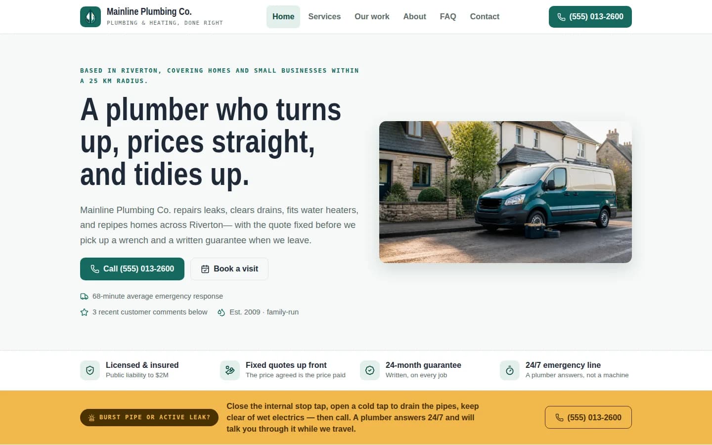 Mainline Plumbing Company homepage presenting its local plumbing services beside a branded service van.