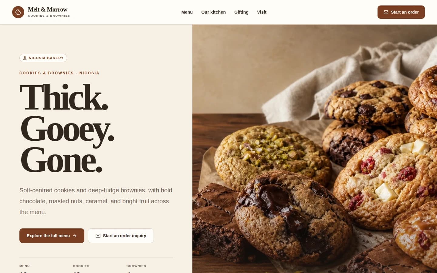 Melt and Morrow bakery homepage showing its cookie and brownie range.