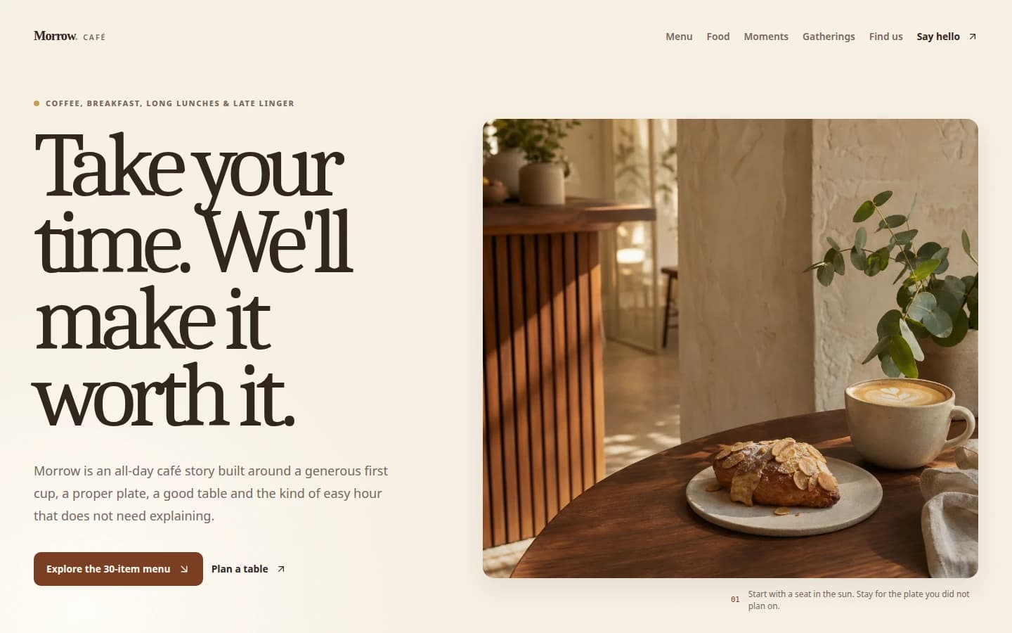 Morrow Café homepage showing its all-day café message with coffee and pastry imagery.
