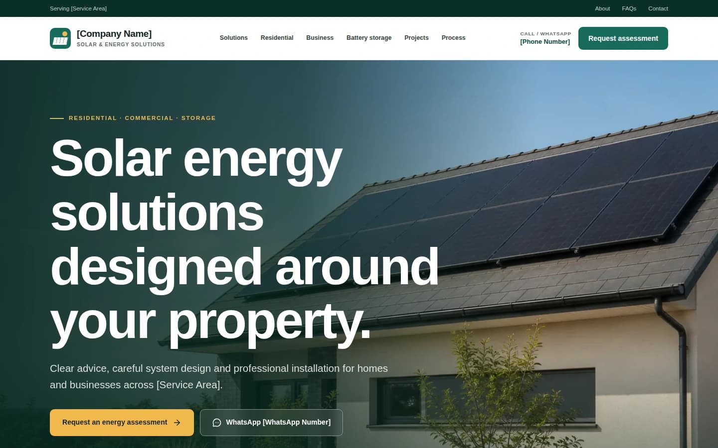 Solar and Energy Solutions homepage showing residential solar panels and an assessment call to action.