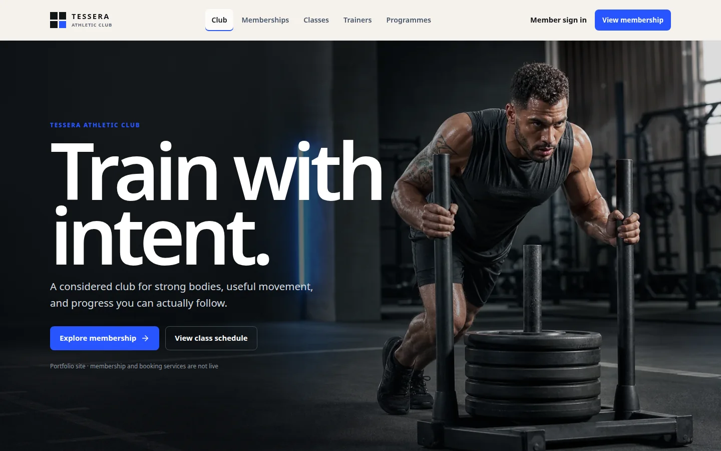 TESSERA Athletic Club homepage presenting its training and membership platform over a strength-training hero image.