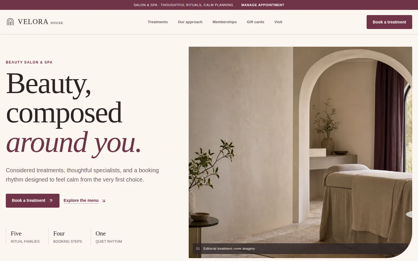 Velora House beauty salon and spa homepage showing a serene treatment room and appointment journey.