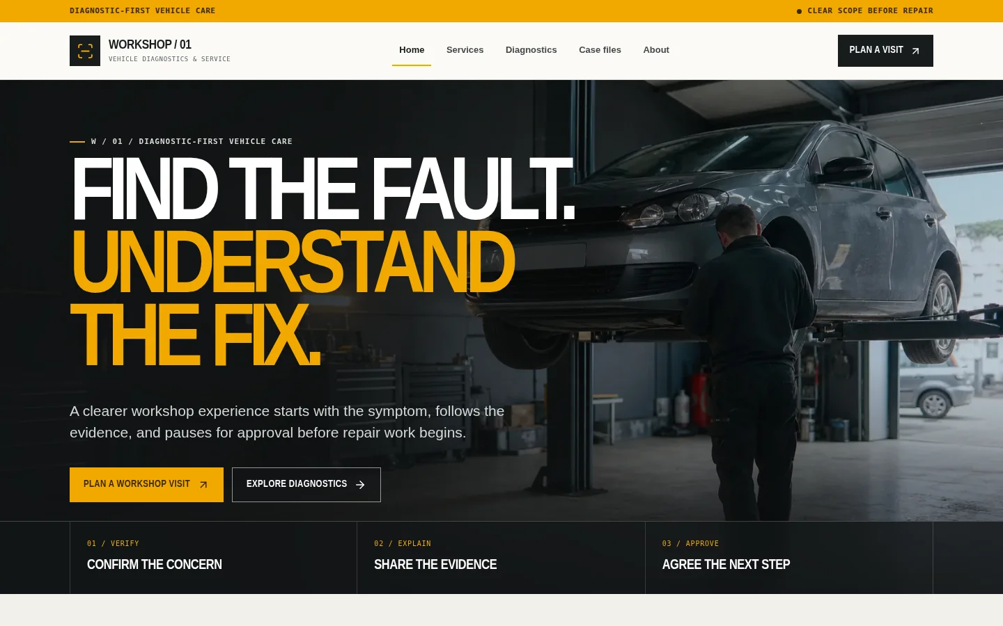 WORKSHOP 01 vehicle diagnostics and service homepage showing a mechanic inspecting a car on a workshop lift.